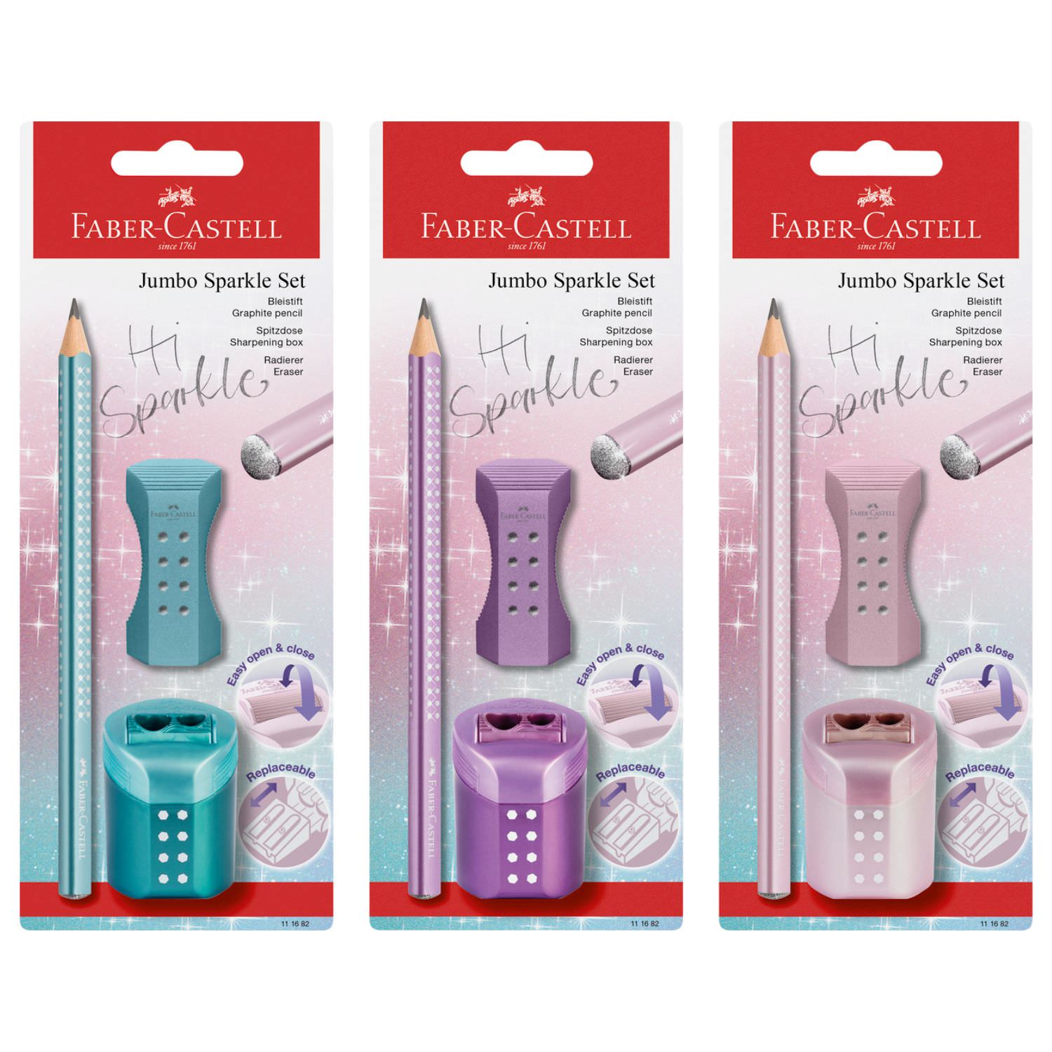 Faber-Castell Jumbo Sparkle schrijvenset, violet metallic, roze metallic, oceaan metallic