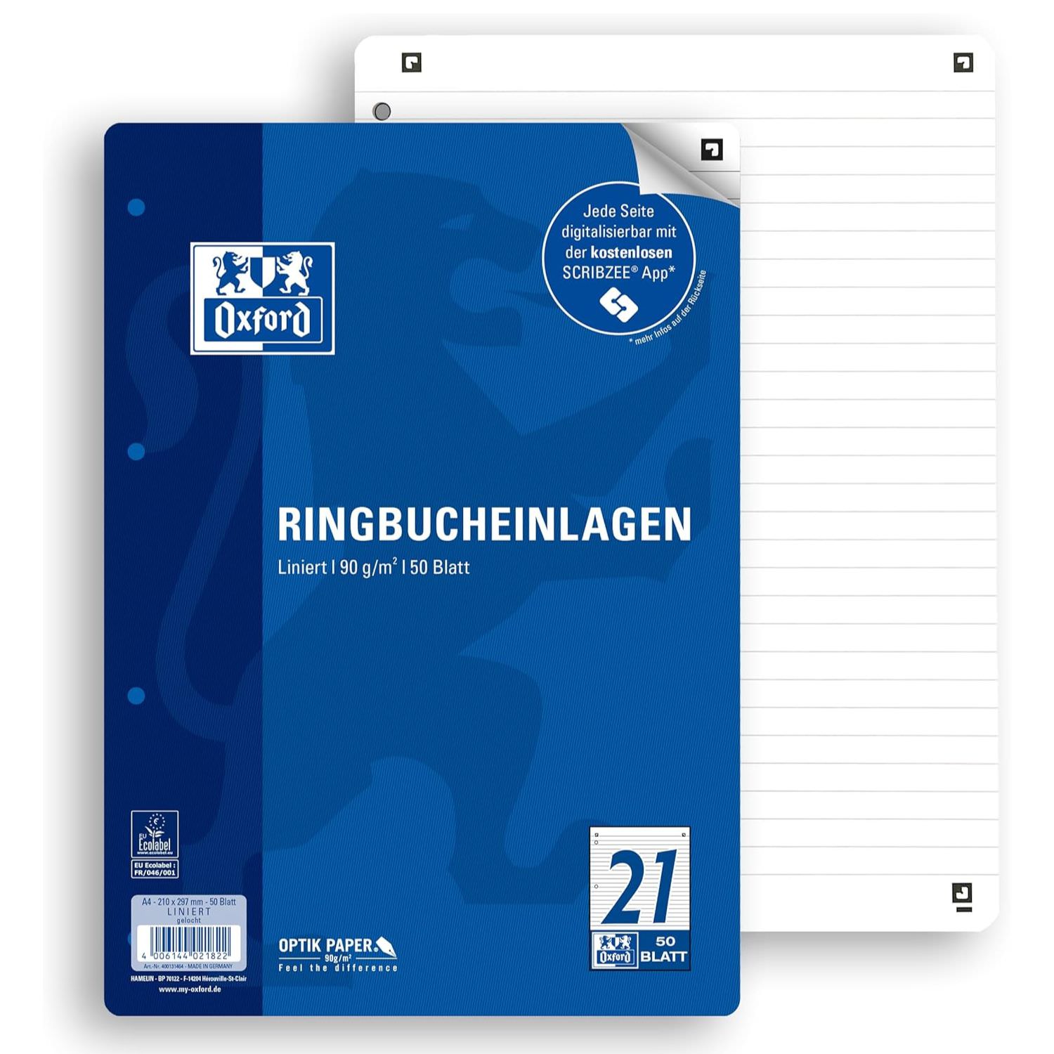 Oxford Ringbucheinlagen A4 liniert, Lineatur 21, 50 Blatt