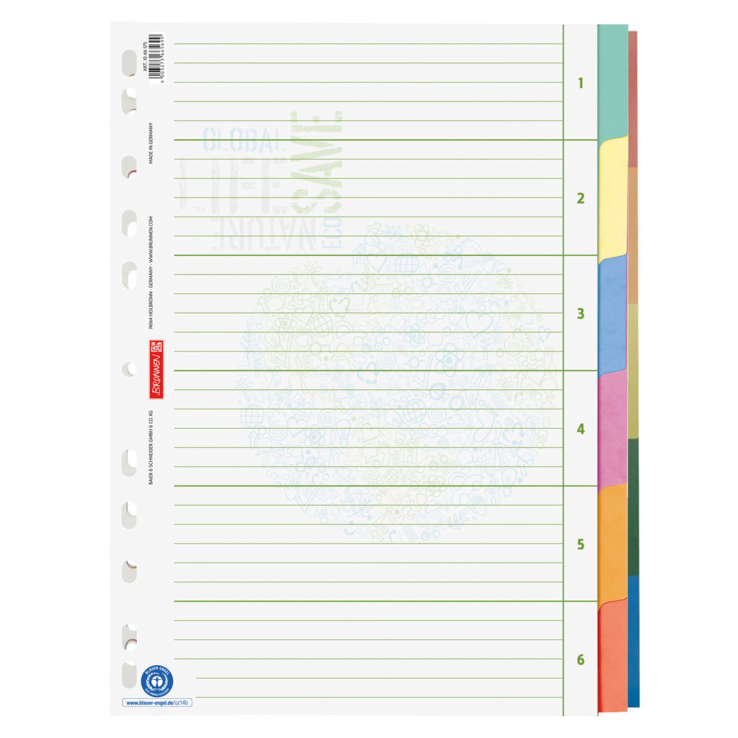 Brunnen Ordnerregister A4, 6-teilig, Blauer Engel