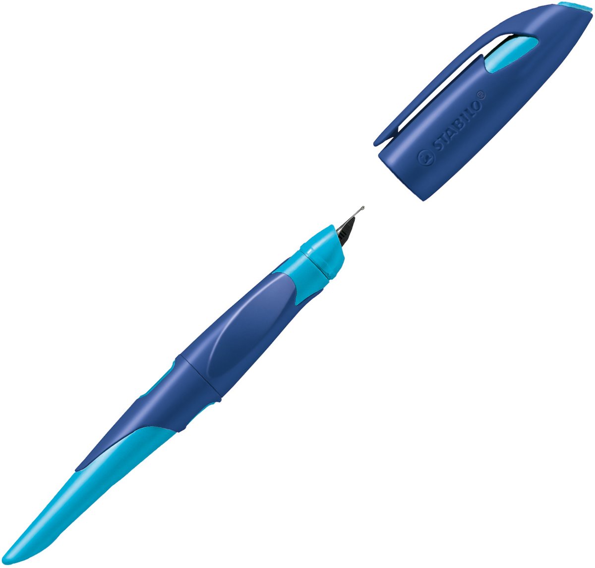 Stabilo Ergonomischer Schulfüller für Linkshänder mit Standard-Feder M - EASYbirdy in mitternachtsblau/azur - Einzelstift - inklusive Patrone - Schreibfarbe blau (löschbar)