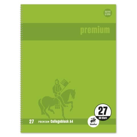 Staufen Premium Collegeblock Premium LIN 27 - A4, 80 Blatt, 90 g/qm, grün, liniert mit Doppelrand