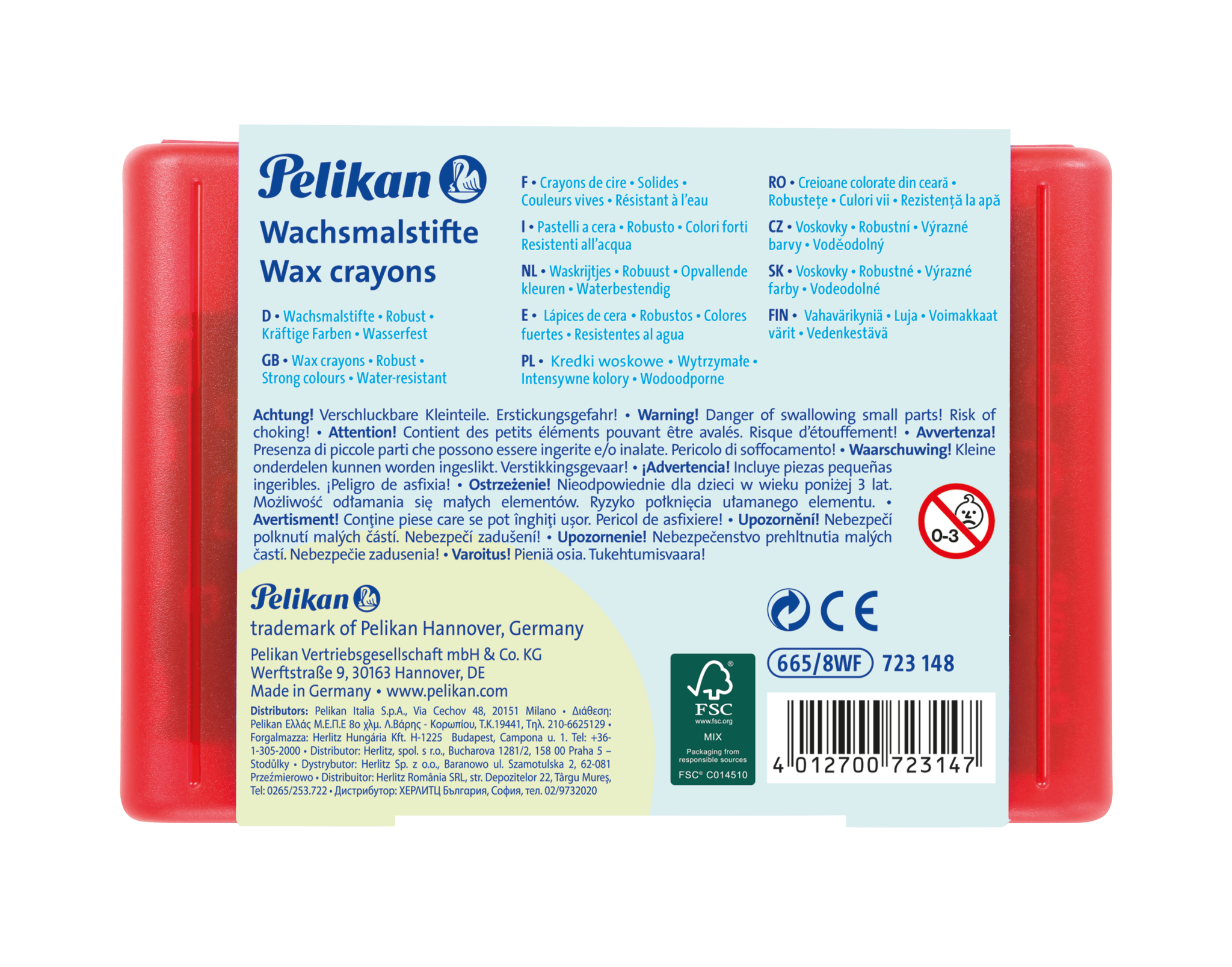 Pelikan Wachsmalstift 665/8 - 8 Farben sortiert, rund, Box mit 8 Stiften + 1 Schaber
