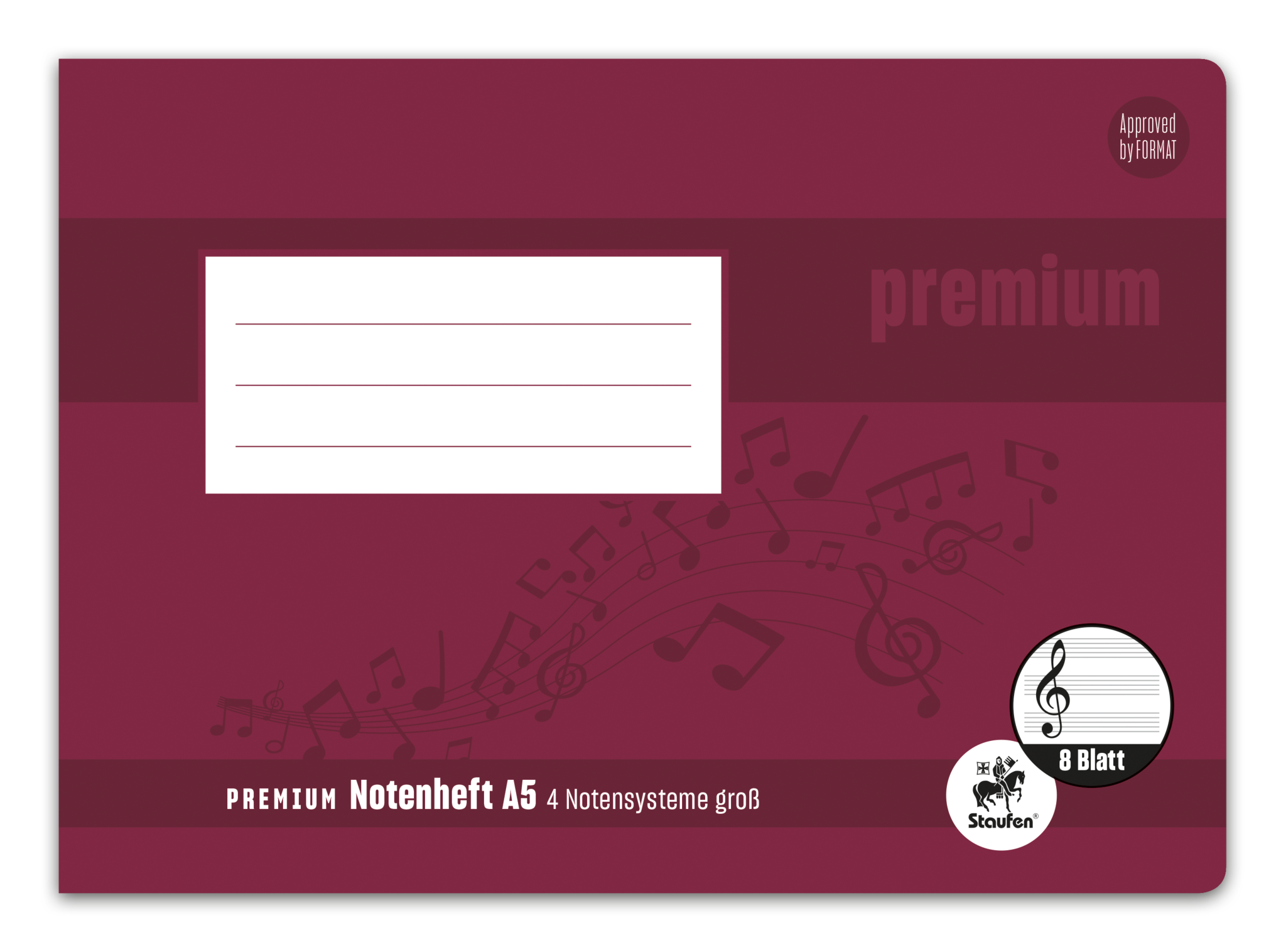 Staufen Premium Notenheft PREMIUM Academy - A5 quer, 90 g/qm, 8 Blatt, 4 große Notensysteme