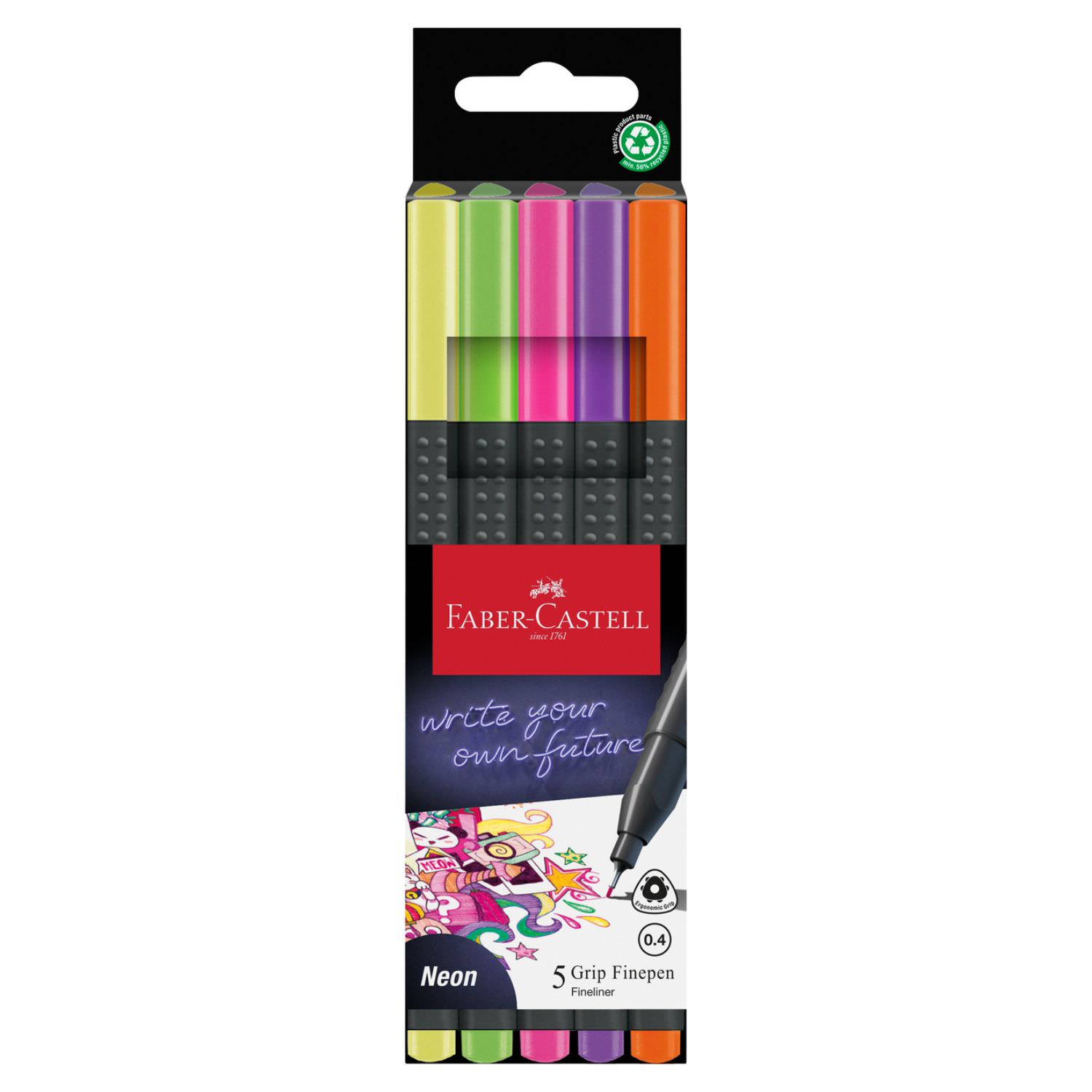 Faber-Castell Fineliner, Finepen Grip neon, 5er Pack