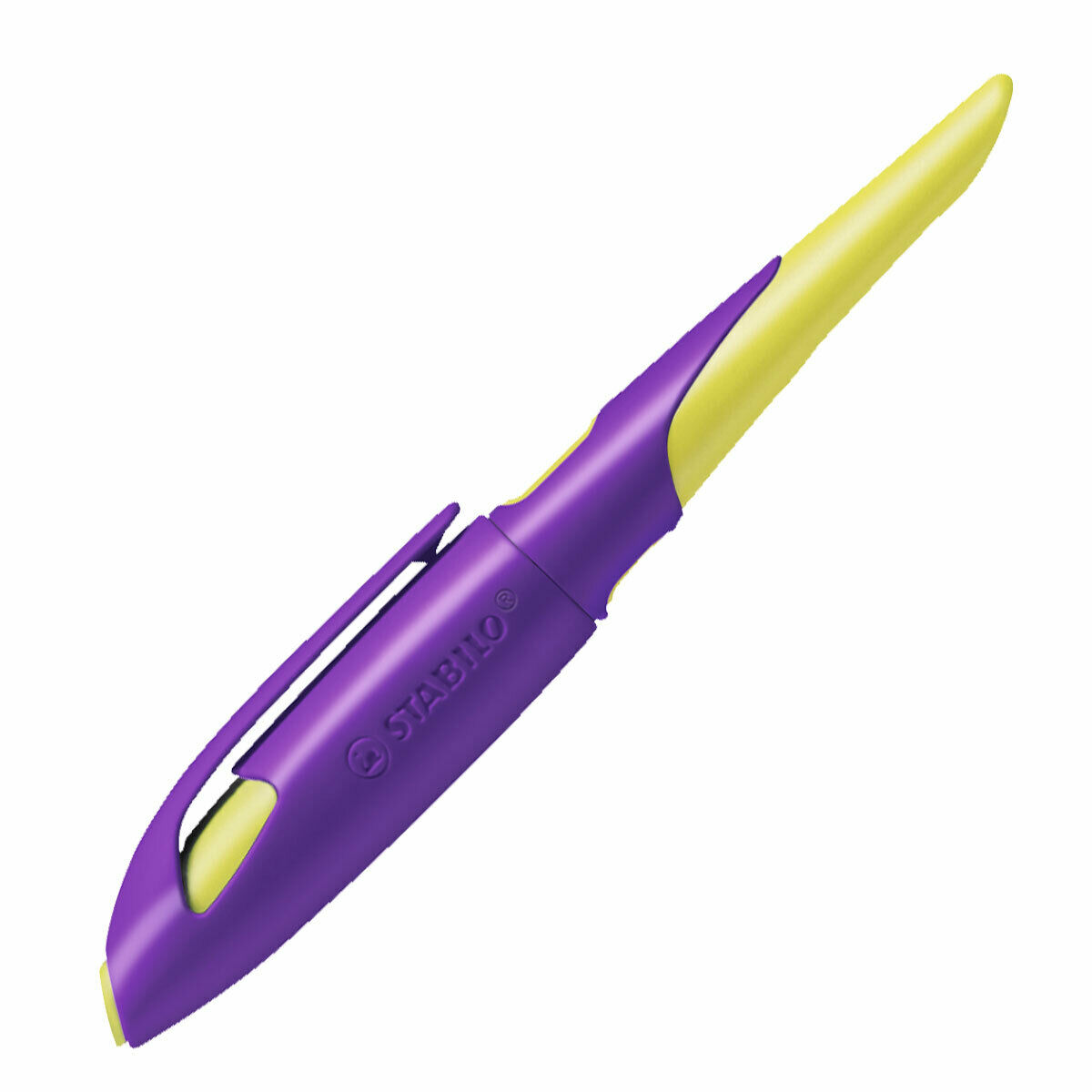 Stabilo Ergonomischer Schulfüller für Rechtshänder mit Anfänger-Feder A - EASYbirdy in violett/gelb - Einzelstift - inklusive Patrone - Schreibfarbe blau (löschbar)