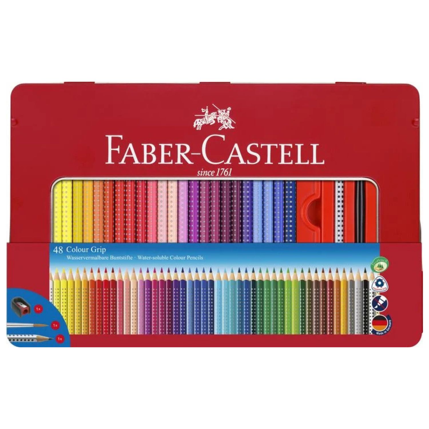 Faber-Castell Colour Grip 48 Farben im Metalletui inkl. Spitzer, Pinsel und Grip