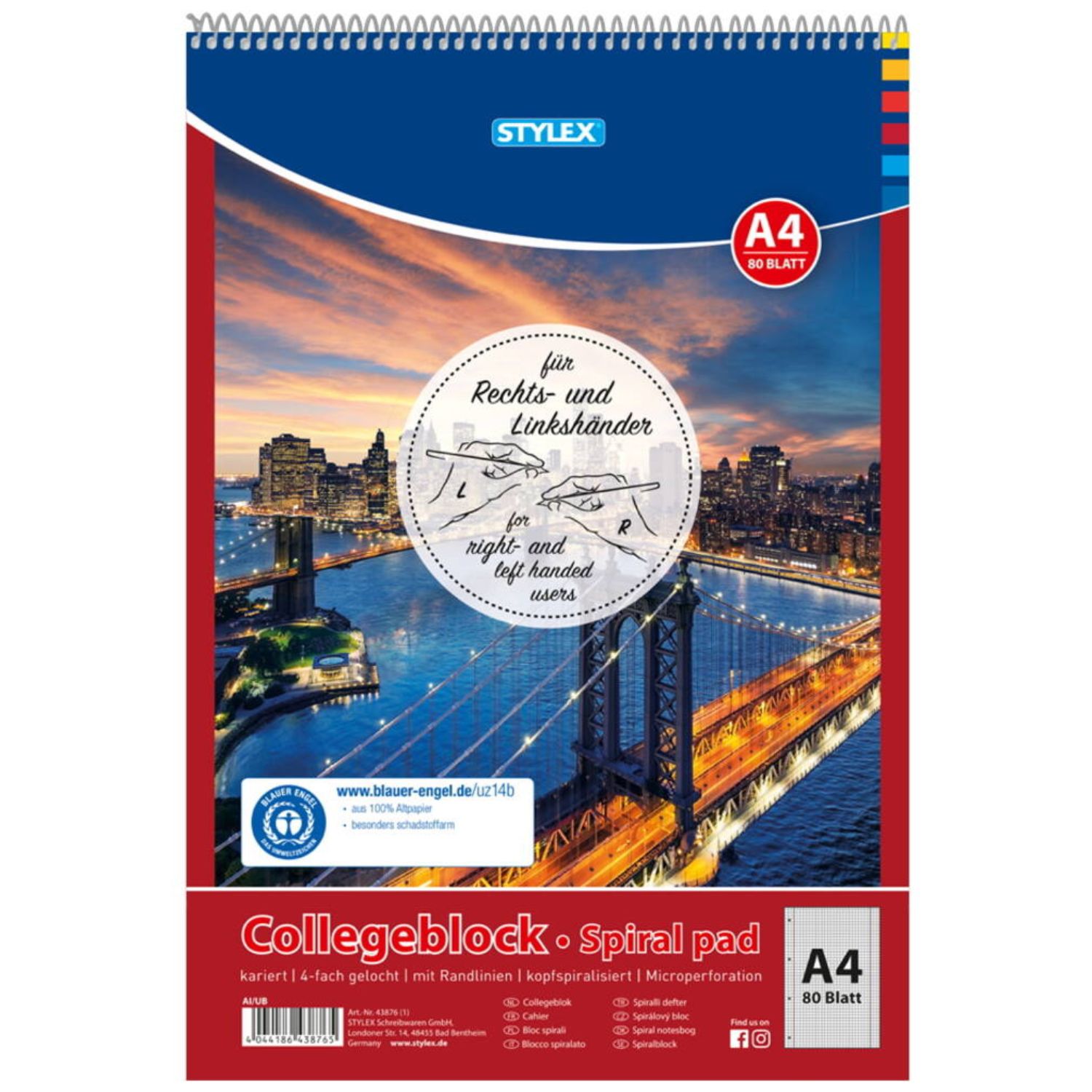 Stylex Collegeblock DIN A4, für Rechts & Linkshänder, kariert