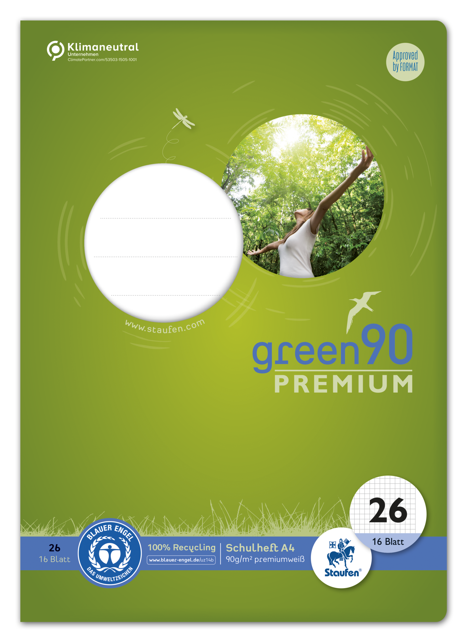 STAUFEN GREEN Schulheft A4 16 Blatt - Lineatur 26 (kariert)