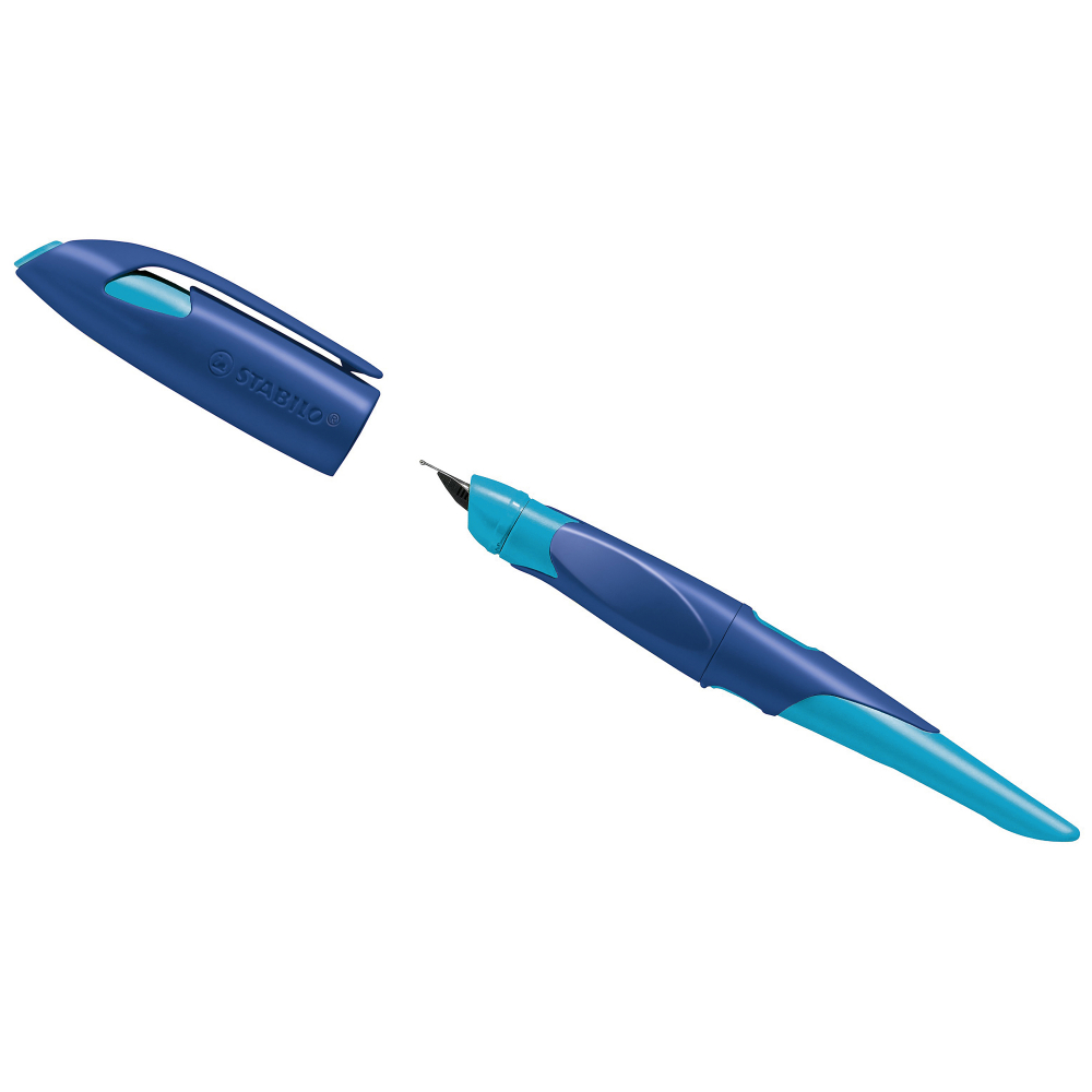 Stabilo Ergonomischer Schulfüller für Rechtshänder mit Anfänger-Feder A - EASYbirdy in mitternachtsblau/azur - Einzelstift - inklusive Patrone - Schreibfarbe blau (löschbar)