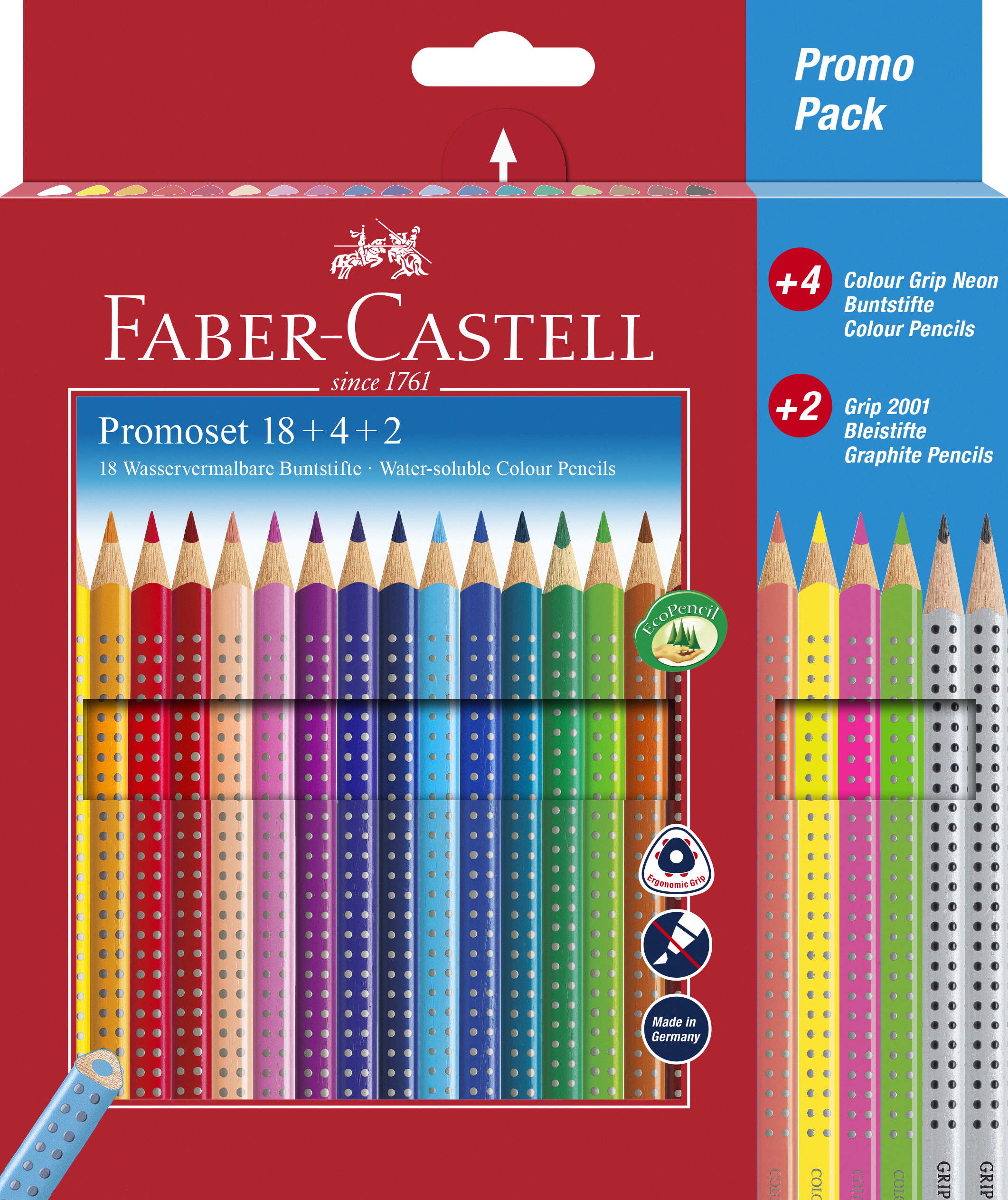 Faber-Castell Colour Grip Buntstifte 24er Promotionset mit 18 Colour Grip Buntstiften, 4 Colour Grip Buntstiften neon und 2 Grip 2001 Bleistifte