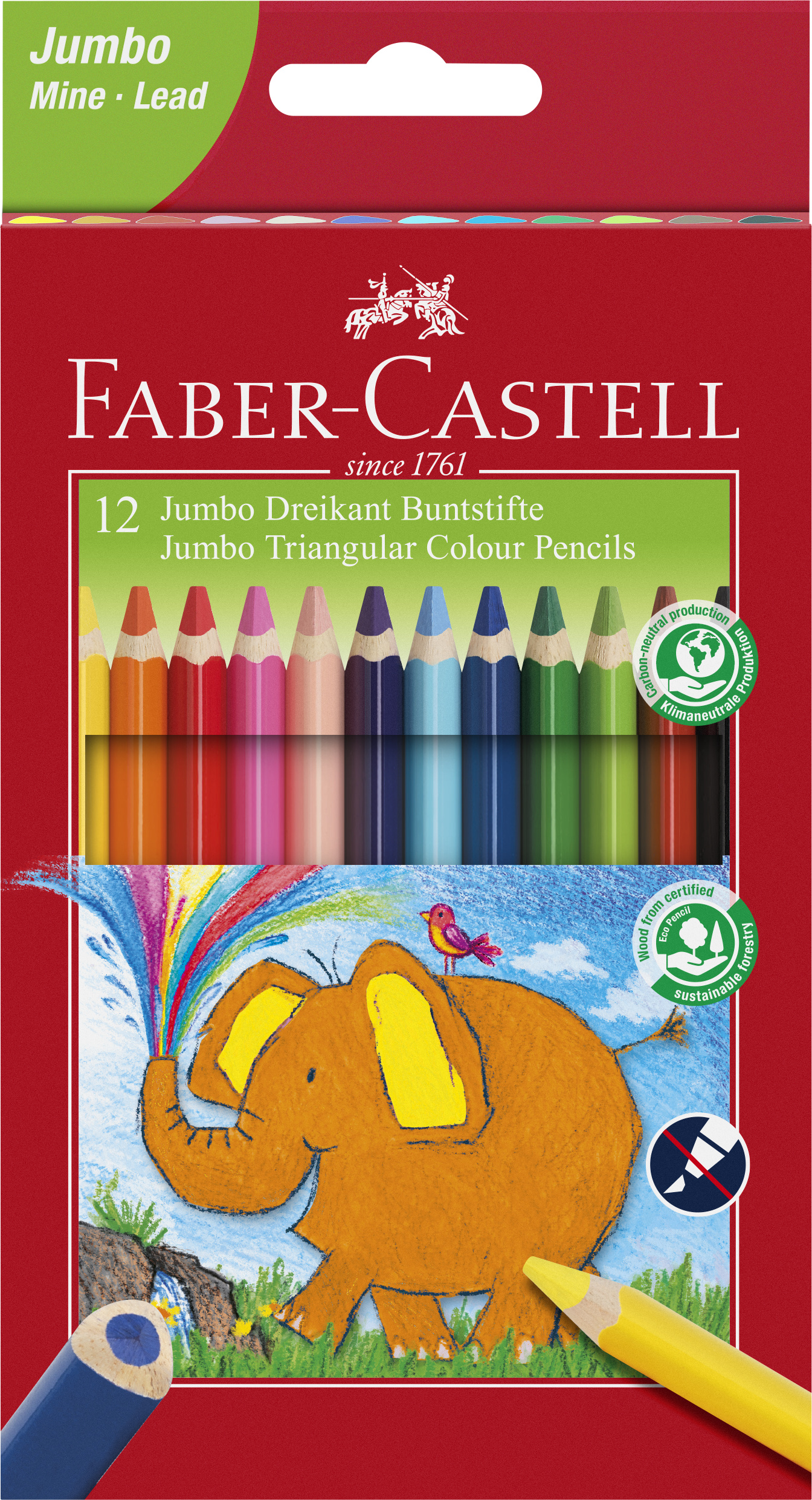 Faber-Castell Buntstift Jumbo Dreikantform - 12 Farben sortiert, Kartonetui