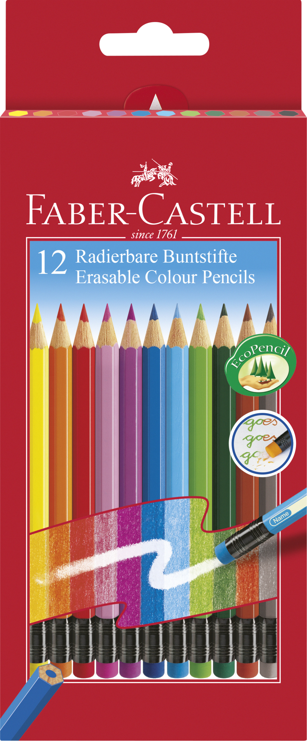 Faber-Castell Buntstift Radierbare - 12 Farben sortiert mit Radiergummi, Kartonetui