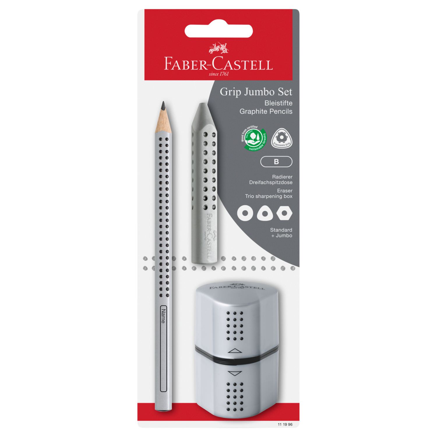Faber-Castell Jumbo Grip Set, silber: Dicker Bleistift, Radierer, Spitzdose