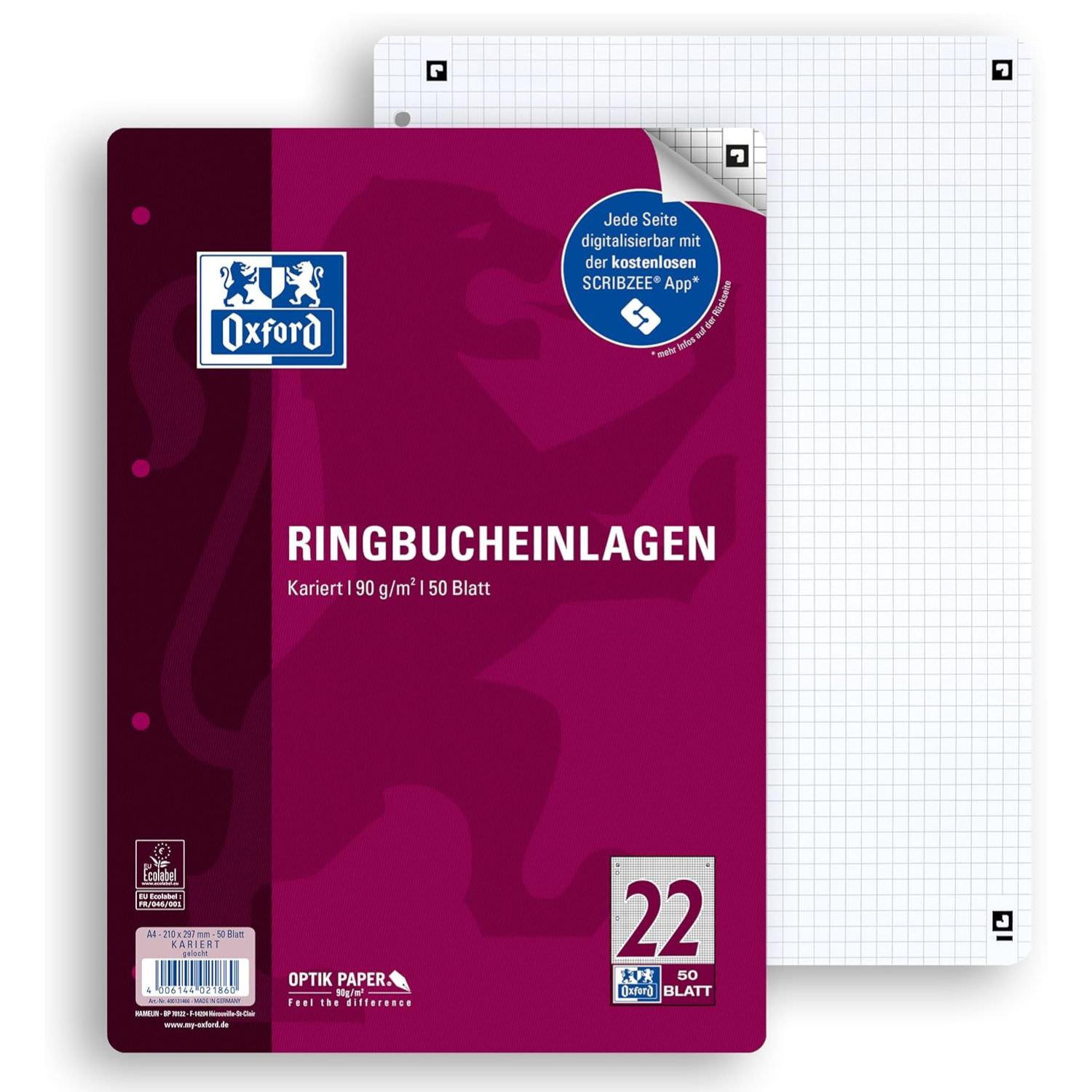 Oxford Ringbucheinlagen A4 kariert, Lineatur 22, 50 Blatt