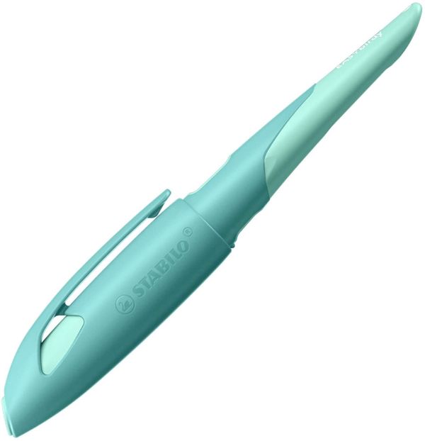 Stabilo Ergonomischer Schulfüller für Rechtshänder mit Standard-Feder M - EASYbirdy Pastel Edition in aqua grün/mint - Einzelstift - inklusive Patrone - Schreibfarbe blau (löschbar)