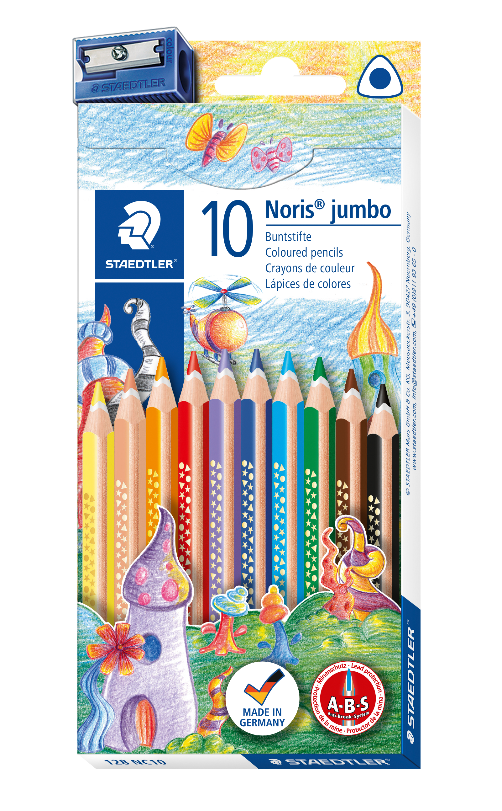 Staedtler Farbstift Noris Club jumbo - 4 mm, dreikant, Kartonetui mit 10 Farben + Spitzer