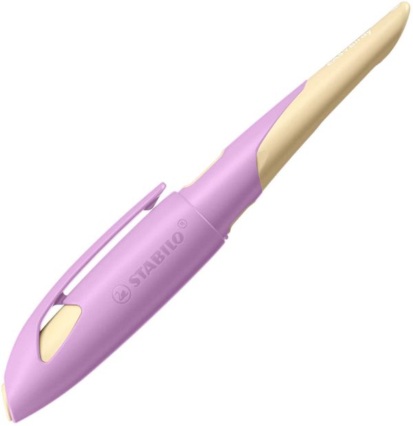 Stabilo Ergonomischer Schulfüller für Linkshänder mit Anfänger-Feder A - EASYbirdy Pastel Edition in soft pink/apricot - Einzelstift - inklusive Patrone - Schreibfarbe blau (löschbar)