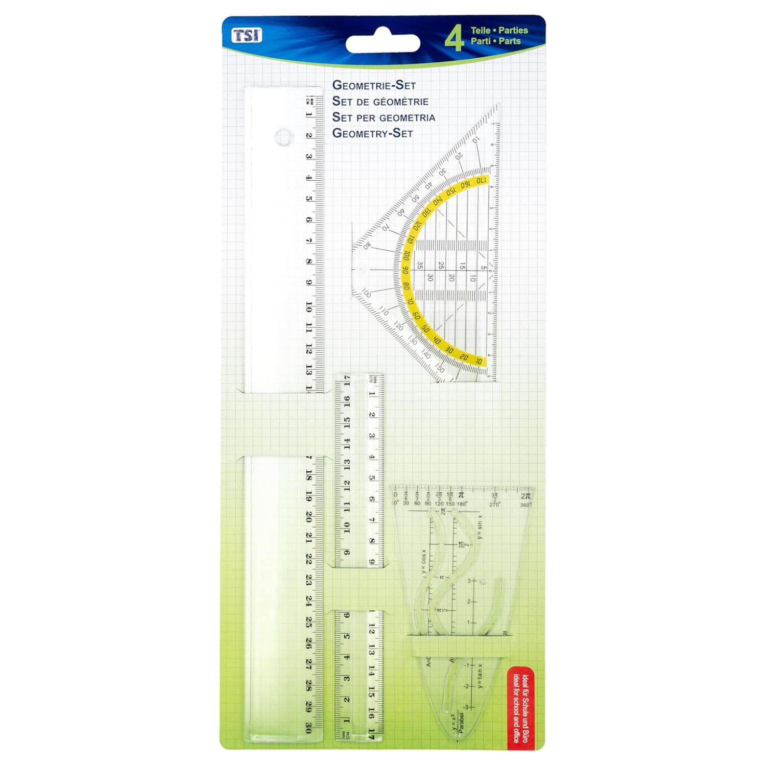 TSI Geometrie-Set, 4-teilig: Geodreieck, zwei Lineale, Parabel