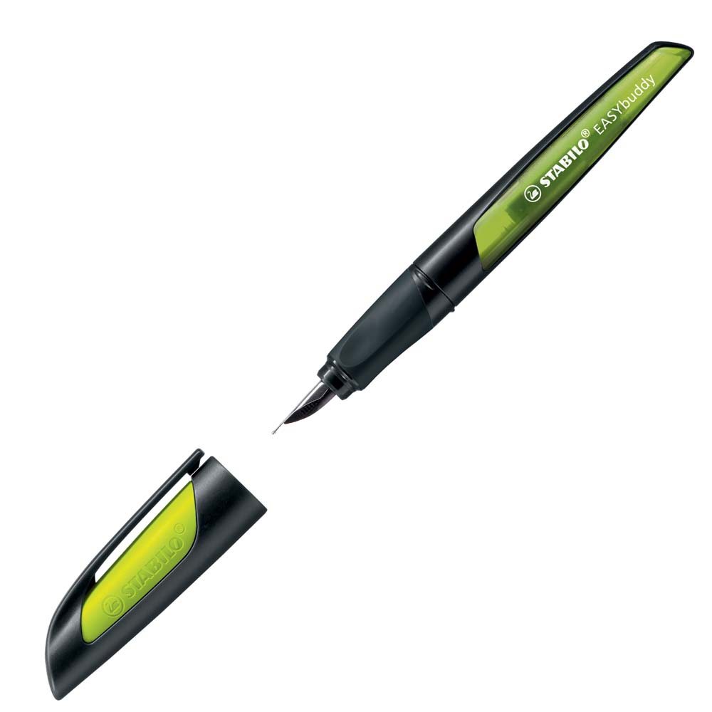 Stabilo Schulfüller mit Anfänger-Feder A - EASYbuddy in schwarz/limette - Schreibfarbe blau (löschbar) - Einzelstift - inklusive Patrone