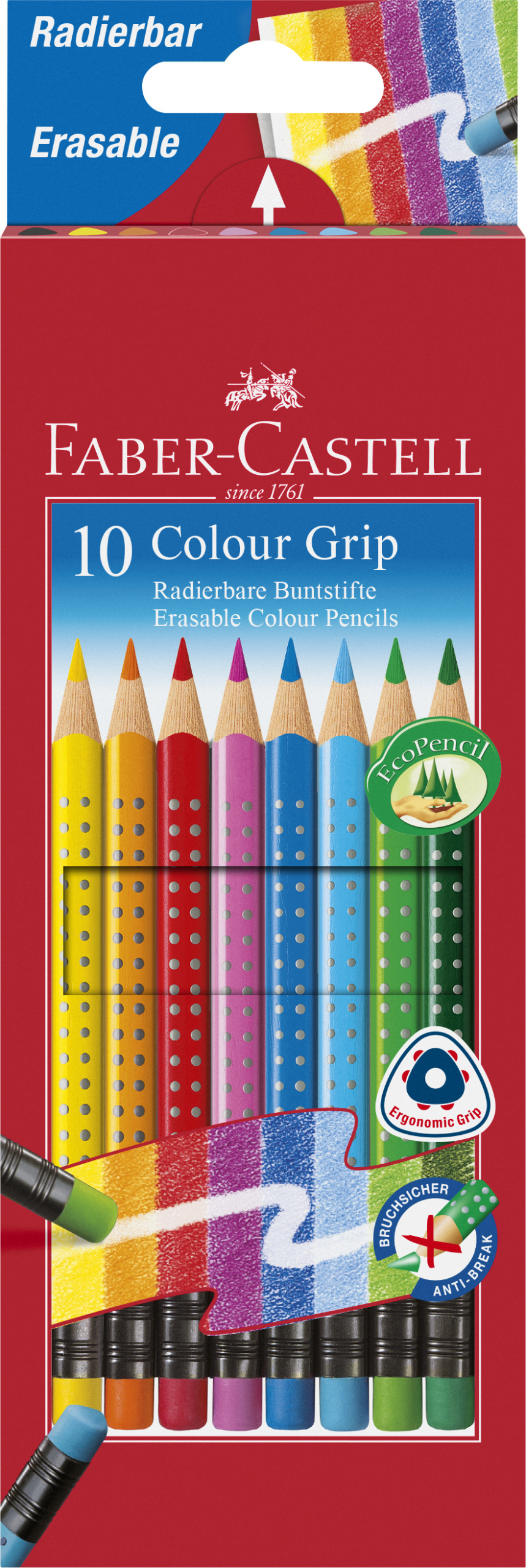 Faber-Castell Buntstift Colour GRIP Radierbare - 10 Farben sortiert mit Radiergummi, Kartonetui