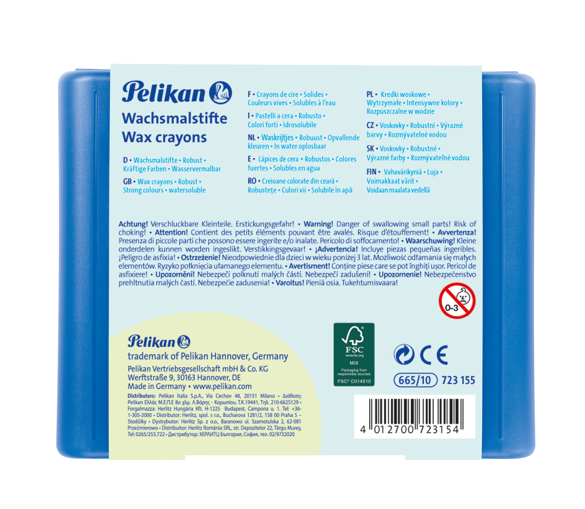 Pelikan Wachsmalstift 655/10 - 10 Farben sortiert, rund, Box mit 10 Stiften + 1 Schaber