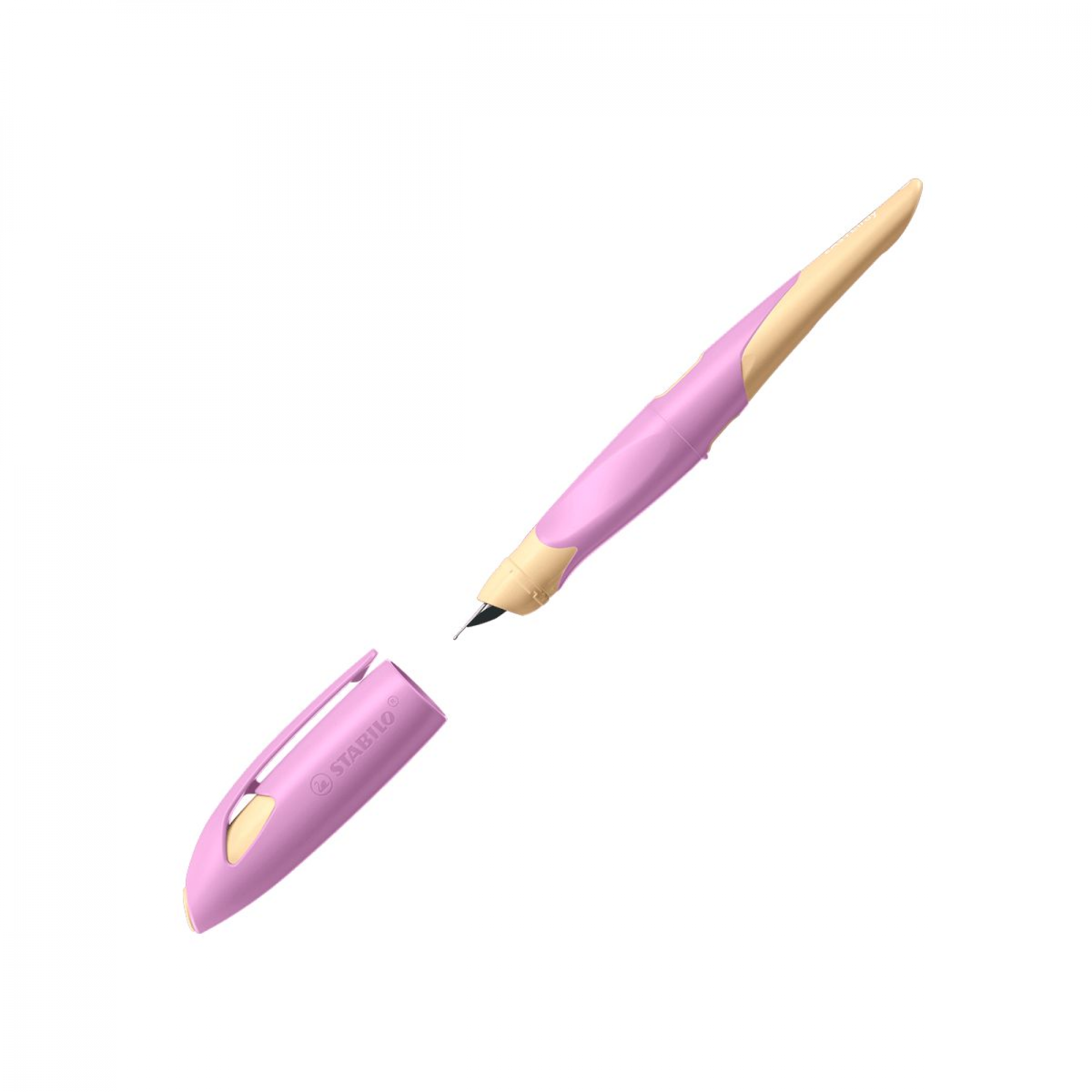 Stabilo Ergonomischer Schulfüller für Rechtshänder mit Anfänger-Feder A - EASYbirdy Pastel Edition in soft pink/apricot - Einzelstift - inklusive Patrone - Schreibfarbe blau (löschbar)