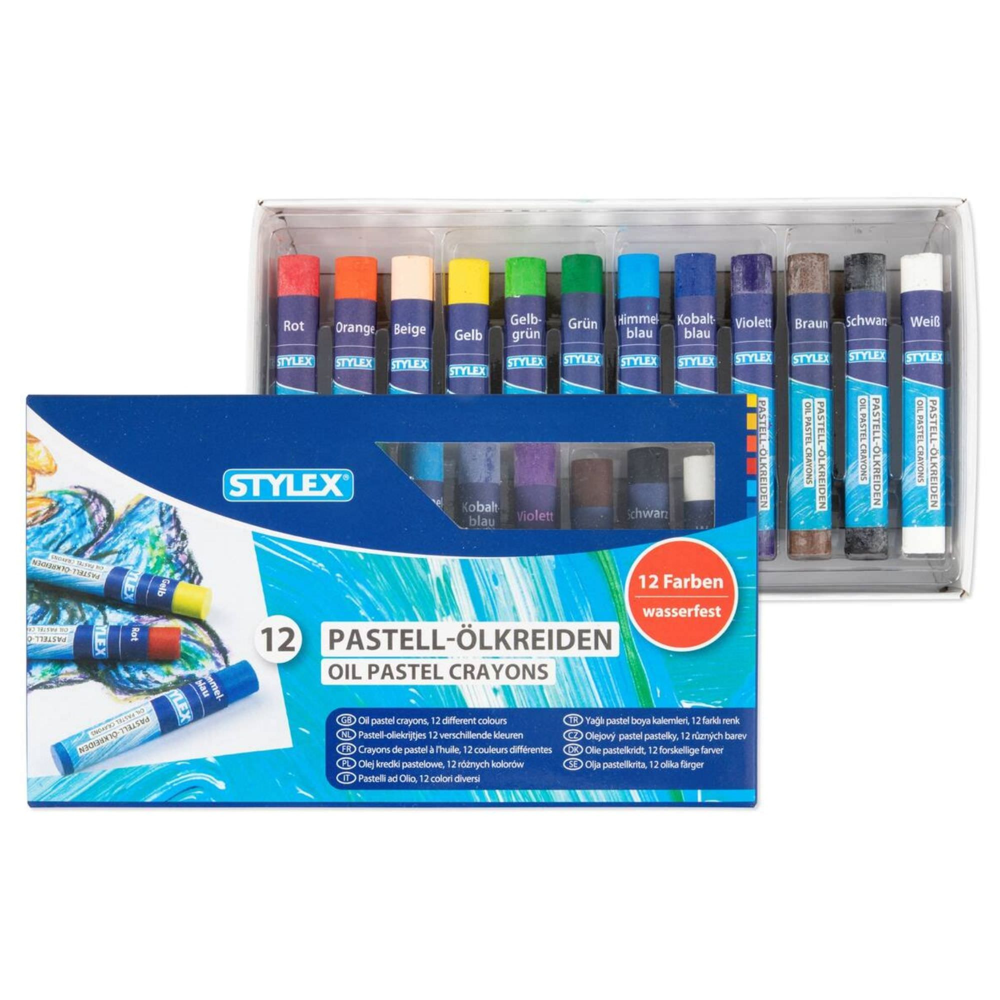 STYLEX Pastell-Ölkreiden, 12 Stangen, wasserfest, 70 mm