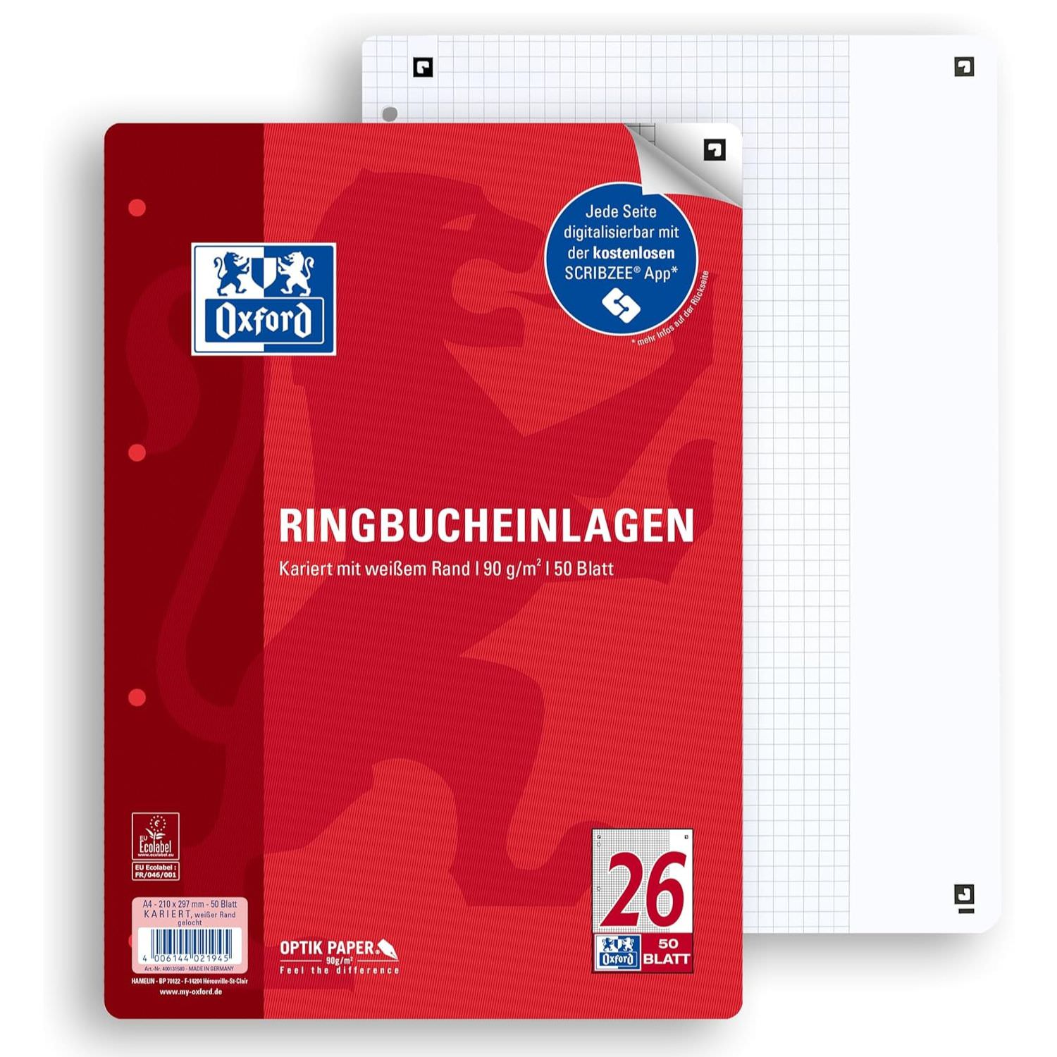 Oxford Ringbucheinlagen A4 kariert mit Rand, Lineatur 26, 50 Blatt