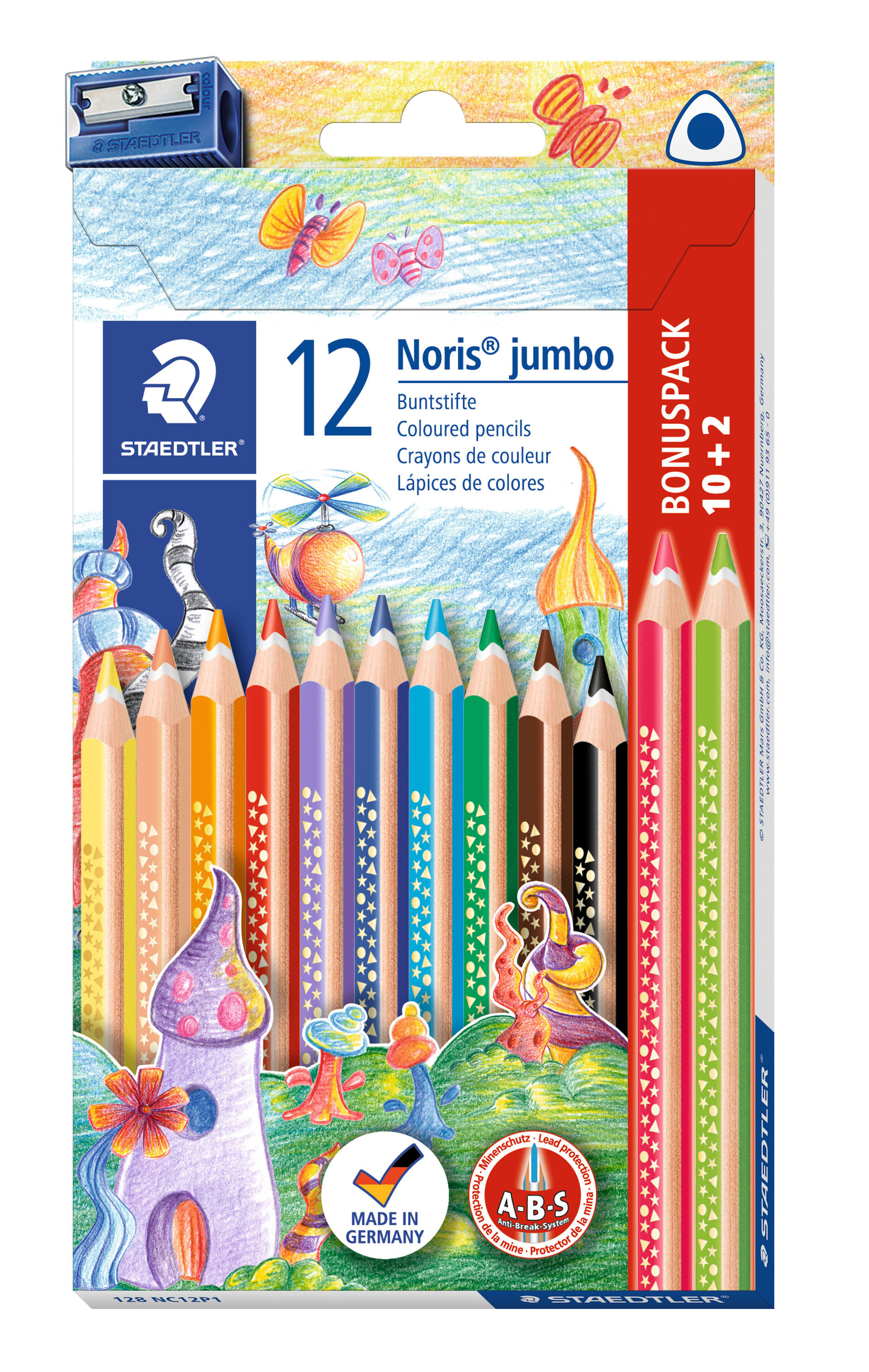 Staedtler Farbstifte Bonuspack Noris Club® jumbo - 4 mm, dreikant, Kartonetui, 12 Farben + Spitzer