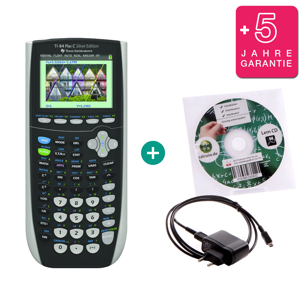 TI 84 Plus Colour Silver Edition $ BUNDLE: Ladegerät + Lern-CD (Deutsch) + erweiterte Garantie 
