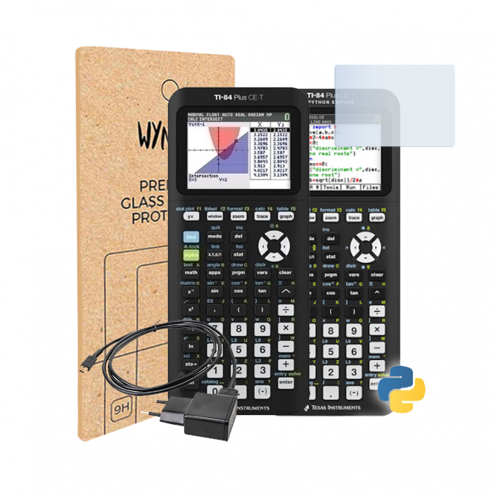 Chargeur TI et film de protection d'écran WYNGS pour calculatrice graphique TI 84 Plus CE-T Python et TI 84 Plus CE-T