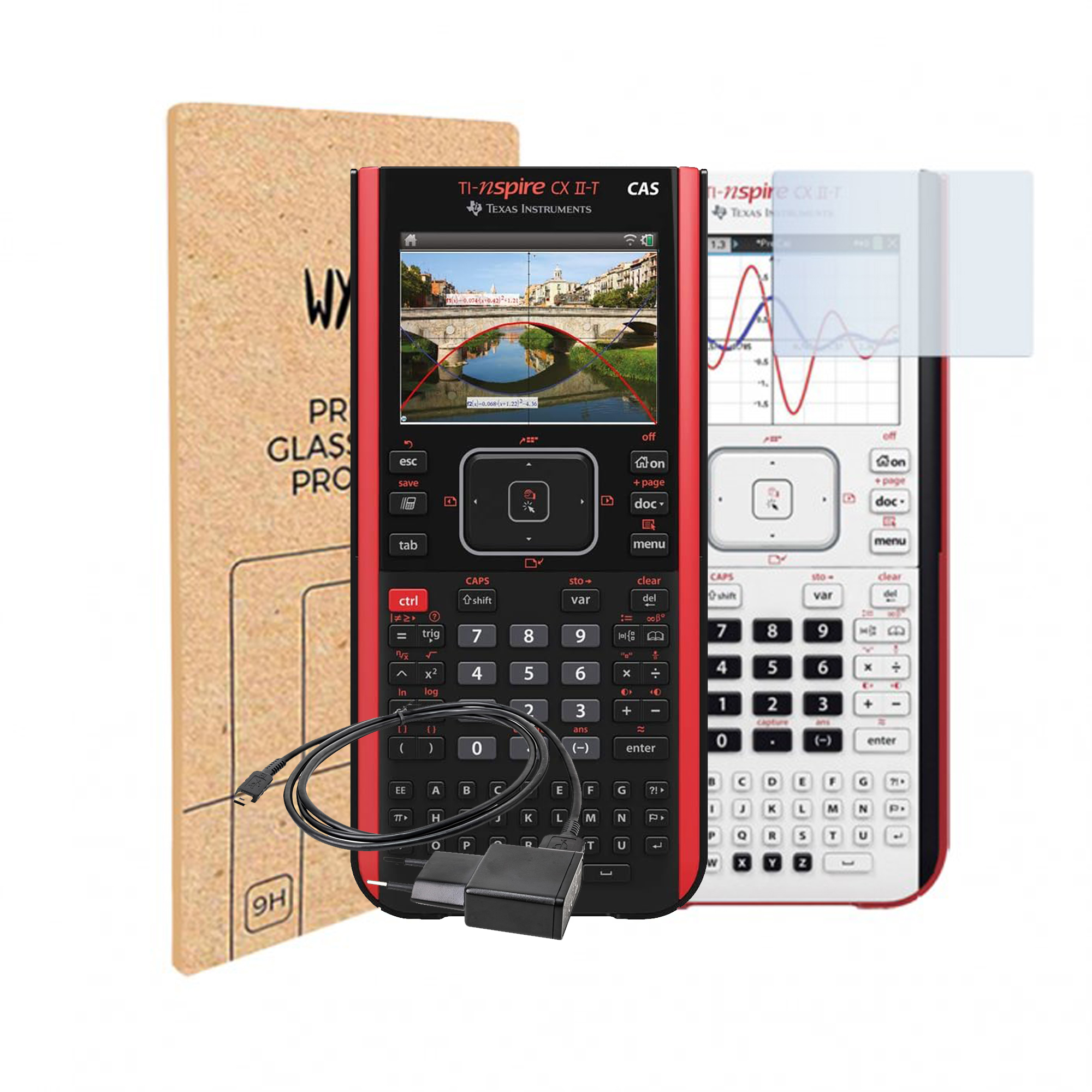 Caricabatterie TI e pellicola protettiva WYNGS per la calcolatrice TI Nspire CX II-T CAS e la calcolatrice grafica TI Nspire CX II-T