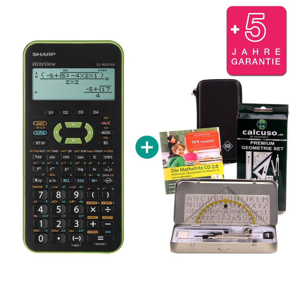 Nerd-pakket: Sharp EL W531 XH groene + Beschermhoes + Lern CD + Geometrieset + verlengde garantie
