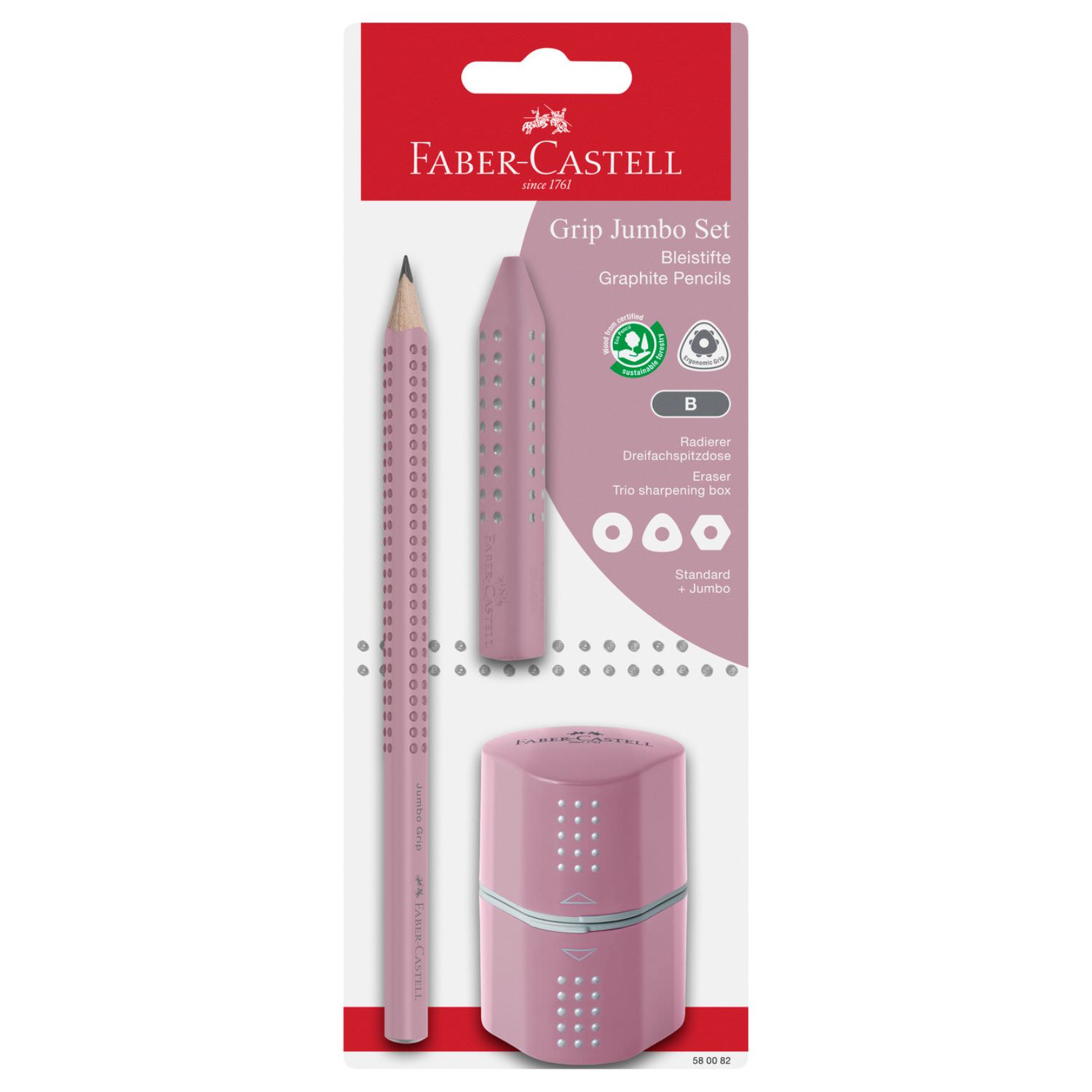 Conjunto Jumbo Grip Faber-Castell, tons rosa: lápis grosso, borracha, apara-lápis